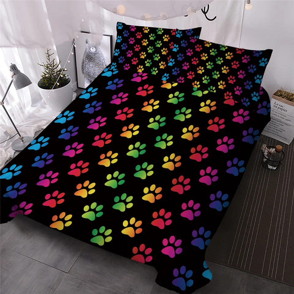 BlessLiving Kids Duvet Cover Rainbow Paw Bed Set 3 Pieces Cute Puppy Dogs Bedding Set for Teens Colorful Bedspreads King Posciel