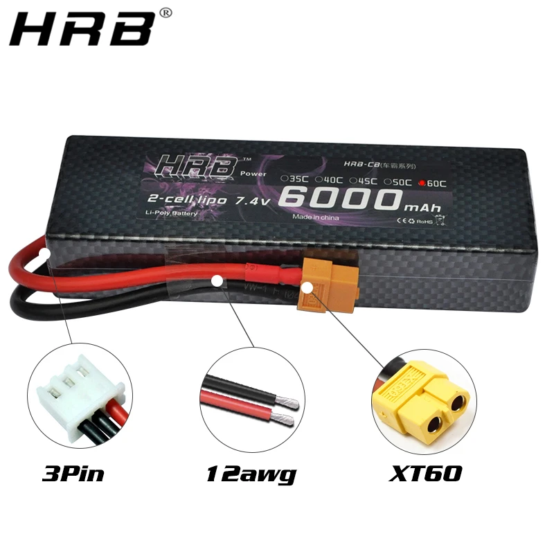 2 шт. HRB 2S 7 4 в 6000 мАч 60C Lipo аккумулятор RC части жесткий чехол T XT60 Deans EC5 XT90 для Traxxas TRX4