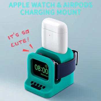 

2 in1 Charging Dock Station Stand Charger Holder for Apple Watch Series 5 4 3 2 1 AirPods 1 2 Cute Silicone Desk Charging Mount