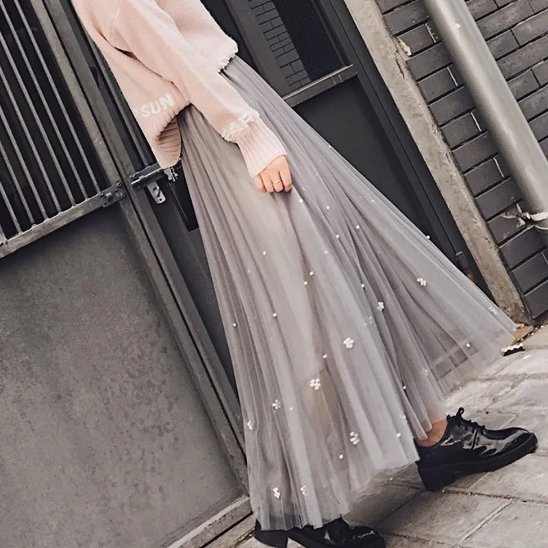Women Spring Beading Long Tulle Skirt Ladies Soft Mesh Pleated Skirt Ball Gown Petticoat Jupe Saia faldas Party Skirts