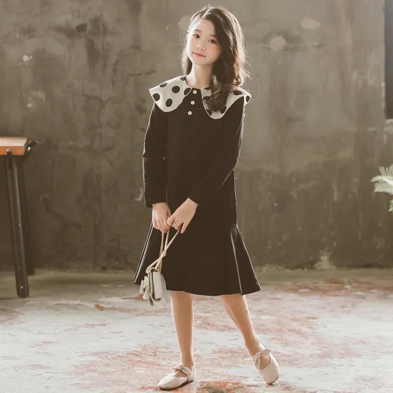 Cheap 6 to 16 years kids   teenager girls dot print collar long sleeve cotton casual ruffle flare dress children fall winter dresses