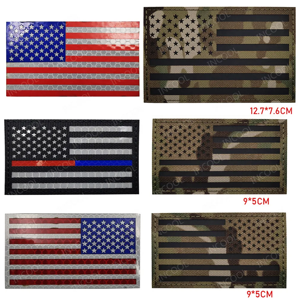 Infrared Reflective American Flag United States USA US Flags IR Patches  Military Tactical Blue Line Patch Biker Fastener Badges
