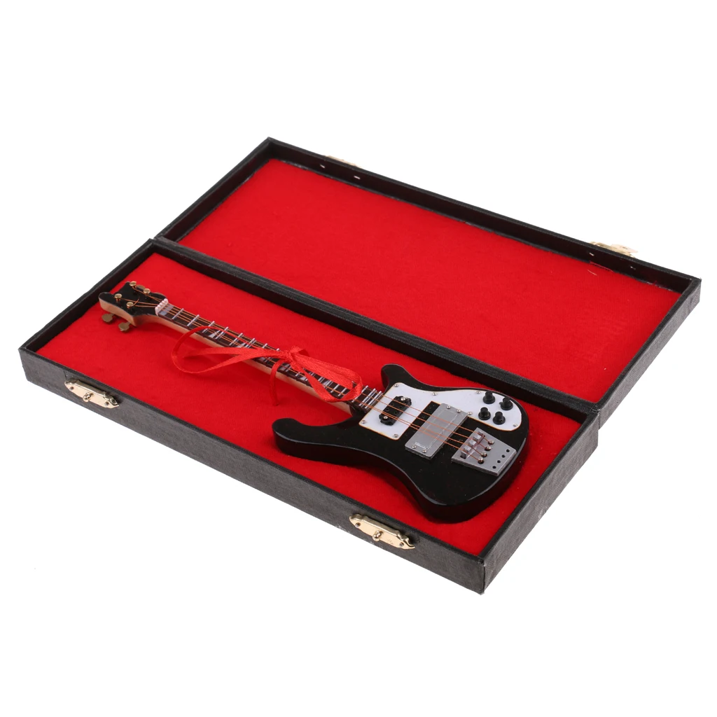 Handmade Mini Wooden Electric Bass Model with Stand for 1/6 Action Figures Hot Toys 12inch Dolls Accessories