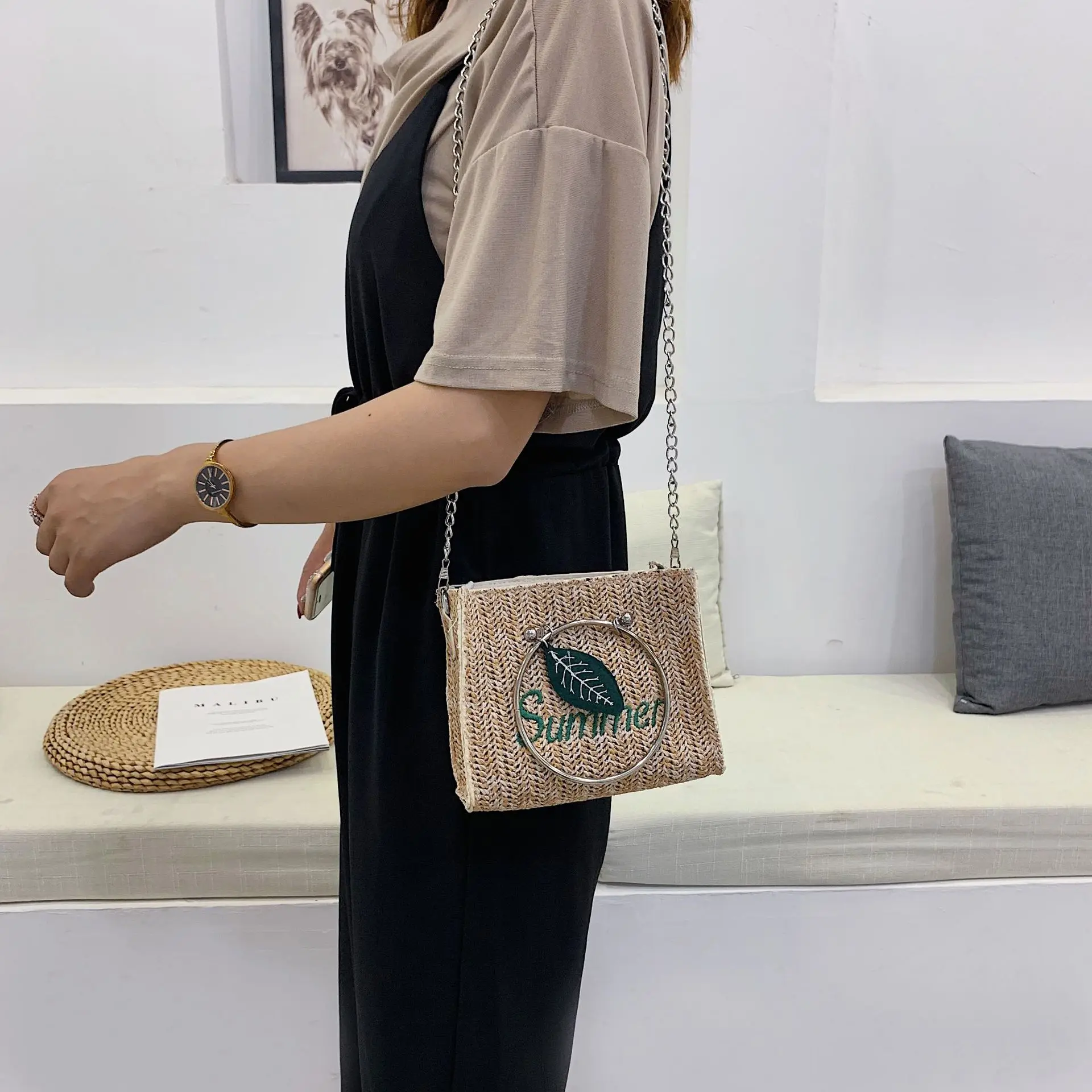 

Straw Bag Women's 2019 New Style Hipster Weaving Square Sling Bag Students Versatile Chain Messenger Bag