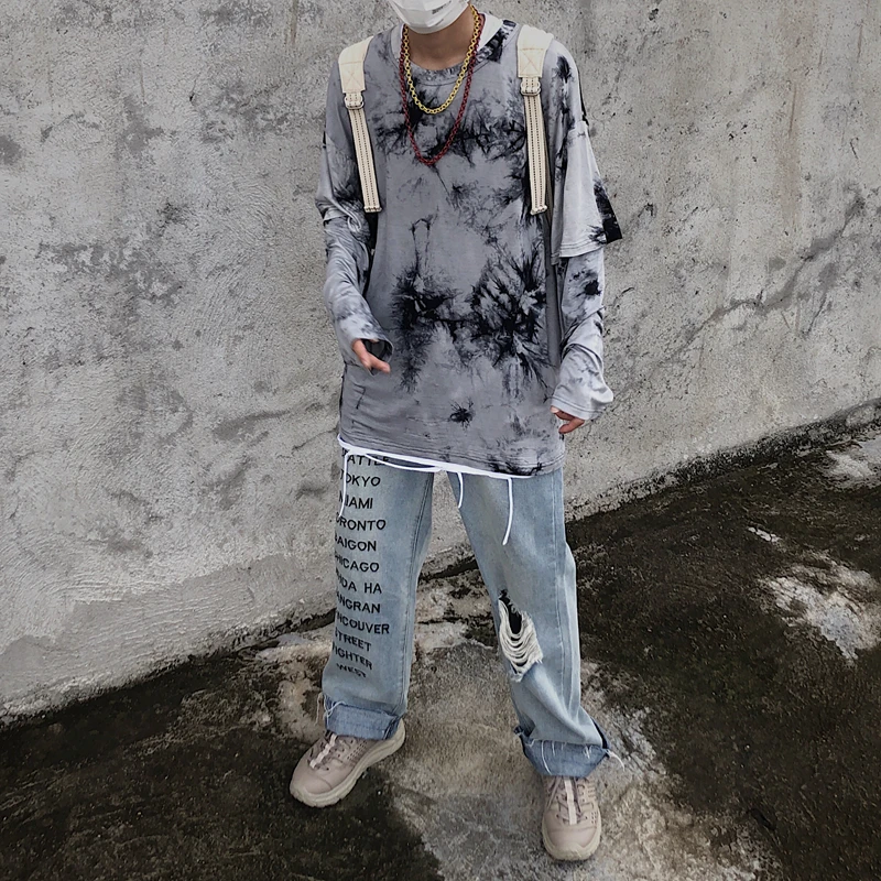 Лоскутная контрастная с длинным рукавом безразмерная свободный пояс Краска Граффити пинт графическая футболка Японская уличная одежда панк хип-хоп Топ