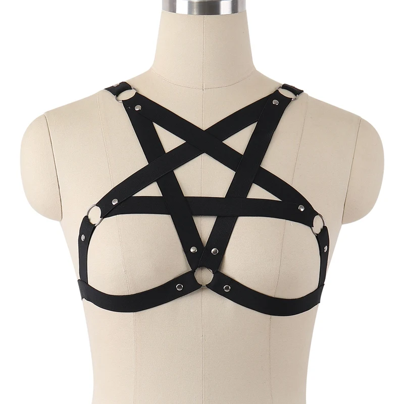 Goth Top Pentagram harness belt Black Cage Bra Woman Sexy Lingerie Harajuku Bondage Body Harness Pentagram Bra