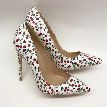 

2020 autumn new 12cm white cherry pattern high heels stiletto all-match lady sexy single shoes small size 33