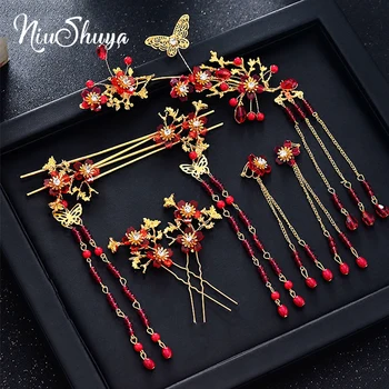 

NiuShuya Vintage Chinese Red Flower Hair Accessories Hairpin Hair Stick Headdress Gold Bridal Hair Jewelry
