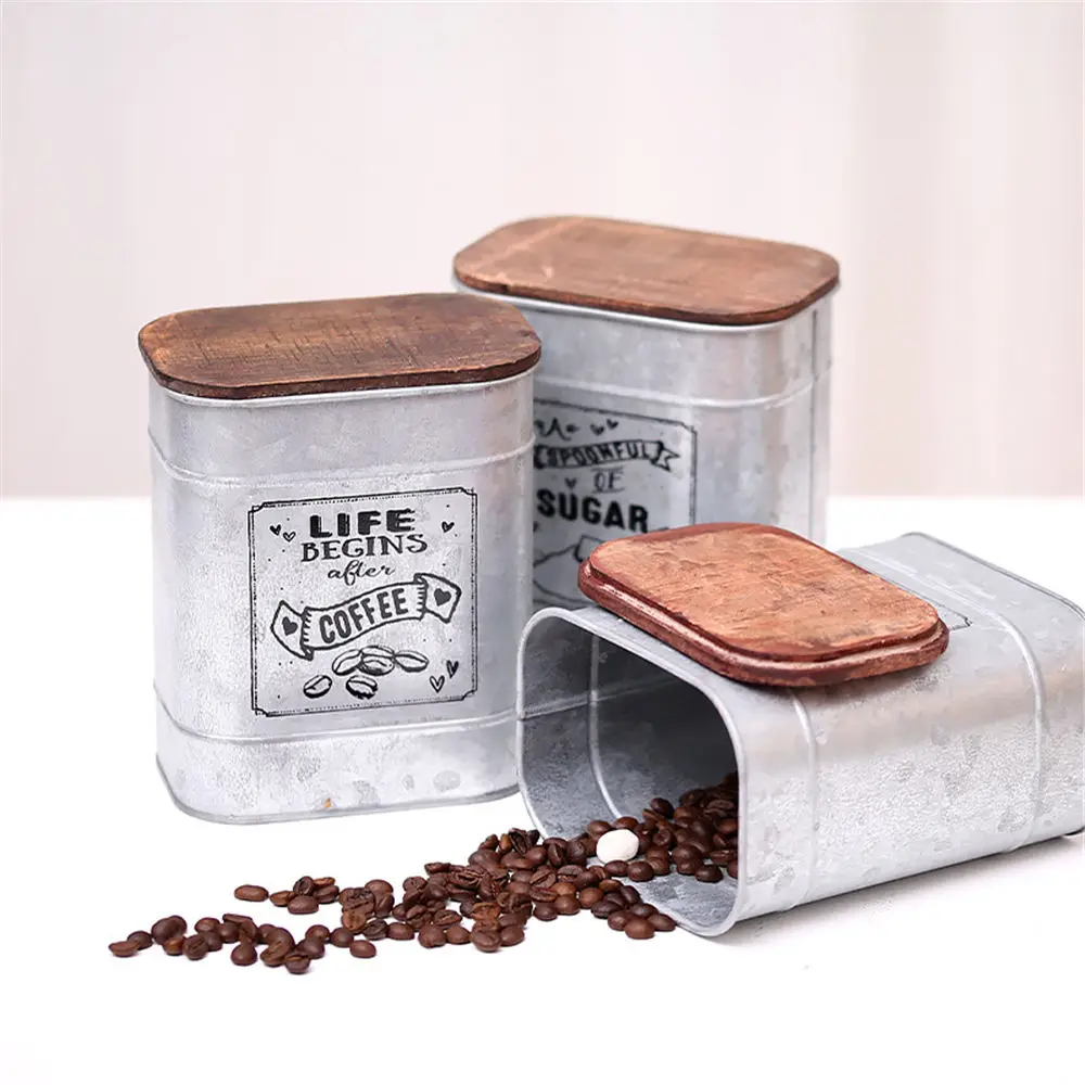 Ретро Ностальгический железный ящик с деревянным покрытием для чая, кофе, сахара, баночки для хранения, винтажный контейнер для хранения конфет, мелочей, металлический контейнер