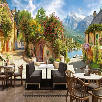 

Custom 3D Poster Photo Wallpaper Retro European Small Town Landscape Large Mural Coffee Shop Restaurant Background Wall Painting