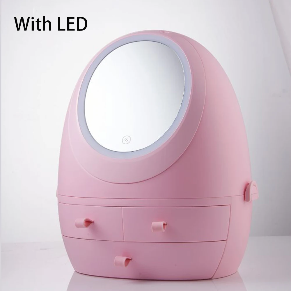 Makeup Organizer Cosmetic Storage Box With LED light Jewelry Container Dust proof Drawer Waterproof Vanity mirror USB Charging - Цвет: Pink with LED Light