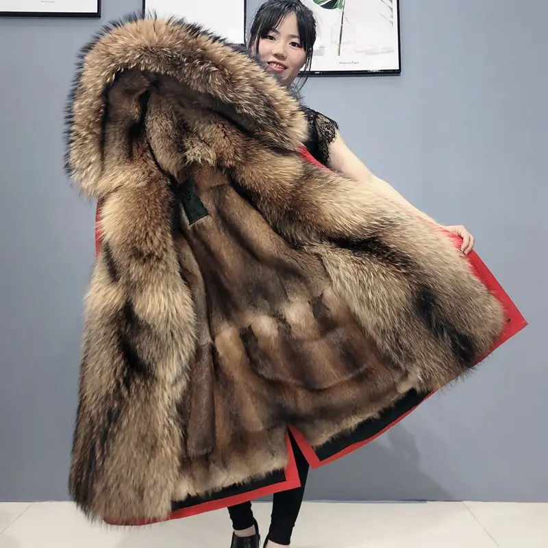 

2019 WinterJacketReal Fur Coat Super Big Raccoon Fur Collar Hood Women Parka Natural mink Fur Liner Thick Warm Detachable