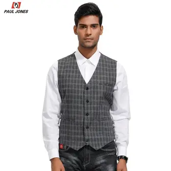 

PAUL JONES Men Plaid Tweed Suit Vest V-Neck Slim Fit Wool Blend Waistcoat Single Breasted Handkerchief Hem Sleeveless Jacket Ves