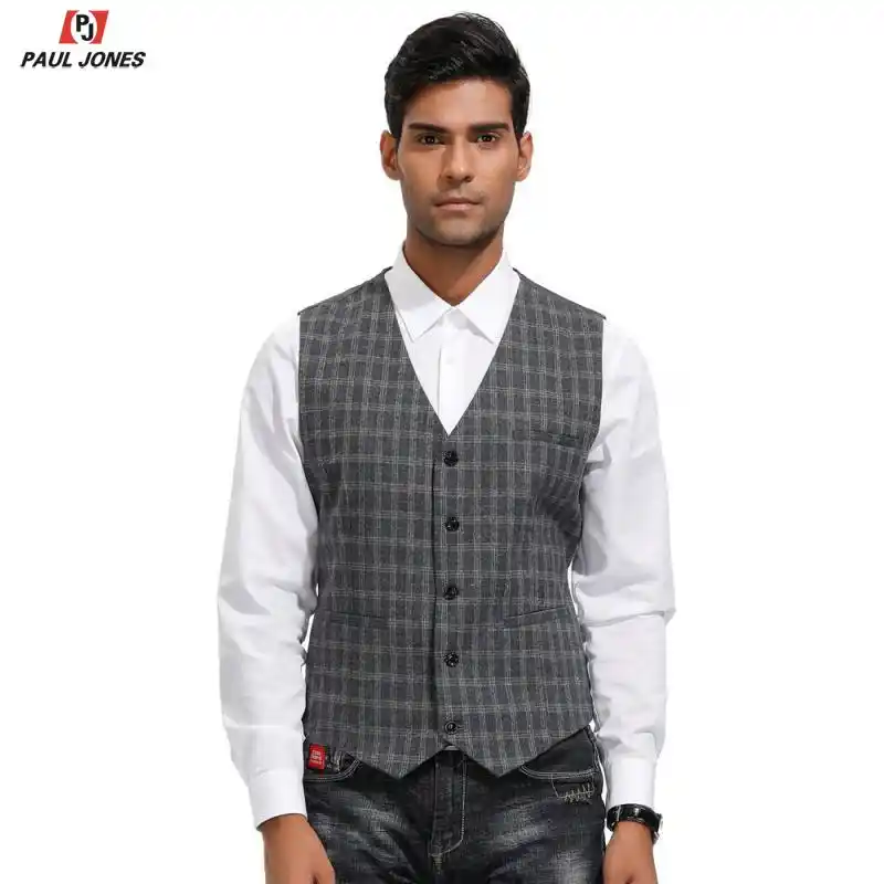 PaulJones Men Vest Sleeveless V Neck Business Slim Fit Suit Tweed Fashion
