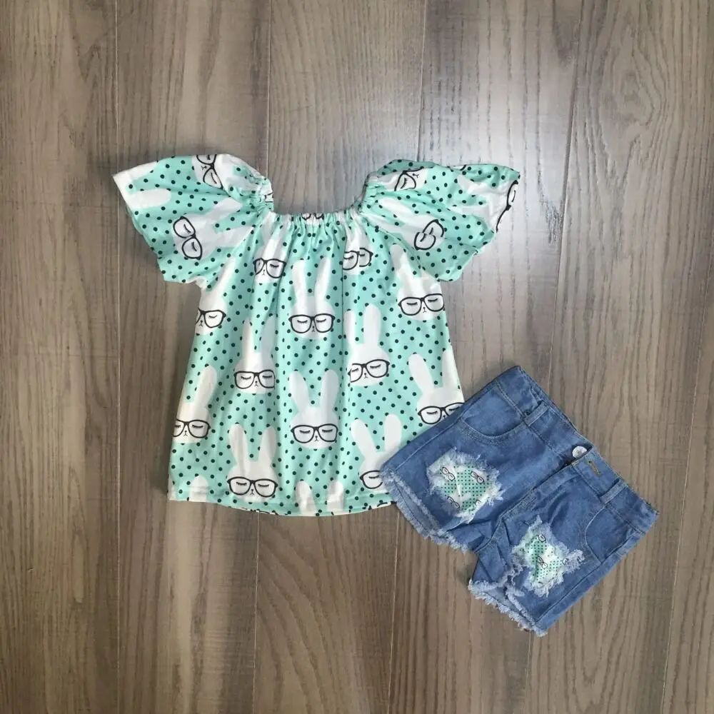 Пасхальные джинсовые наряды для маленьких девочек реглан с кроликом и шорты