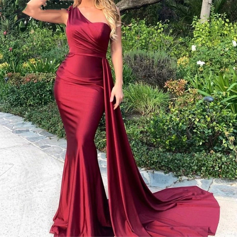 Sevintage Eenvoudige Mermaid Een Schouder Lange Prom Dresses Satin Vrouwen Avondjurken Over Rokken Sweep Trein Robe De Soiree 2020 Sevintage Eenvoudige Mermaid Een Schouder Lange Prom Dresses Satin Vrouwen Avondjurken Over Rokken Sweep Trein Robe De Soiree 2020