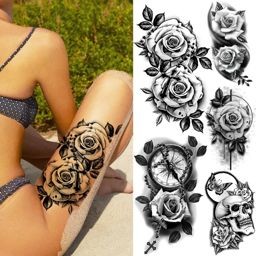 Tatouage Femme Cuisse Tete De Mort Faux tatouages temporaires en forme de fleur de Rose noire pour femmes  adultes, avec boussole, tête de mort, autocollant, cuisse | AliExpress