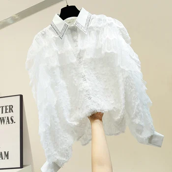 

Black Blouse Woman 2020 Spring Hot Drill Lapel Blouses White Shirt Ladies Tops Blusas Femme Bluzki Damskie