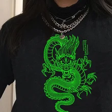 Streetwear tops mujeres camiseta de ulzzang Harajuku chino estampado de dragón camiseta novedad de verano Oversize suelto casual de las mujeres