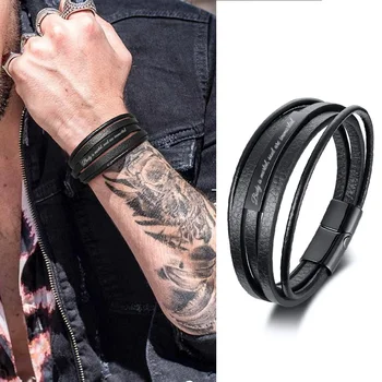 

MEN LEATHER BRACELET BLACK MULTILAYE BRAIDED WRISTBAND ENGRAVABLE MENS BRACELETS MALE JEWELRY