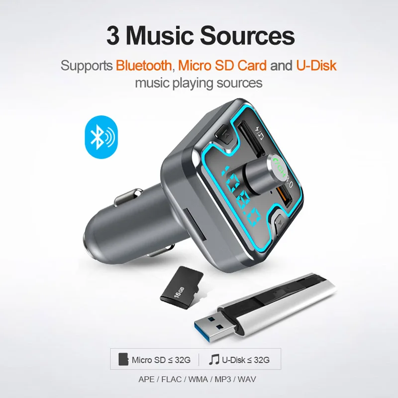 JaJaBor, fm-передатчик, fm-модулятор, Bluetooth 5,0, громкая связь, вызов, Bluetooth, автомобильный комплект, QC3.0, быстрая зарядка, Автомобильный MP3 аудио плеер