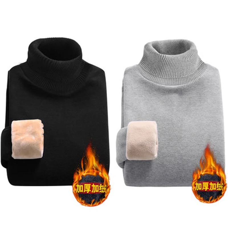 Black Gray Новинка, мужской свитер с высоким воротом, 2 шт., зима, модный, однотонный, влевет, толстый шерстяной пуловер, мужской, черный, тонкий, теплый, длинный рукав, верхняя часть - Цвет: Black Gray