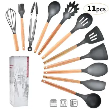 

11Pcs/Set Silicone kitchenware Set Non-stick Spatula Shovel Wood Handle Cooking Tools Set With Storage Box Kitchen Tools
