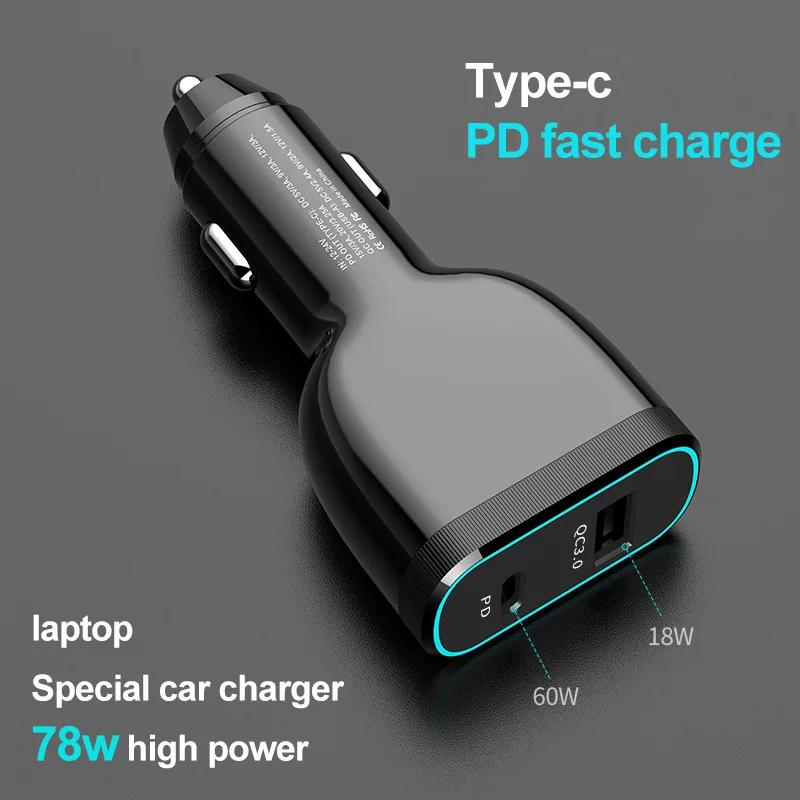 78 Вт автомобильное зарядное устройство Dual USB QC3.0 + type-c PD быстрое зарядное устройство Автомобильный адаптер высокой мощности 60 Вт + 18 Вт для