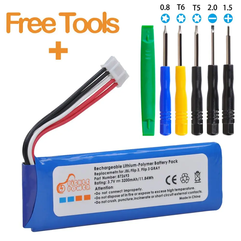 Batteria Di Ricambio Pickle Power 3200Mah Per Strumenti Gratuiti Jbl Flip 3 Flip3 Grey Gsp872693