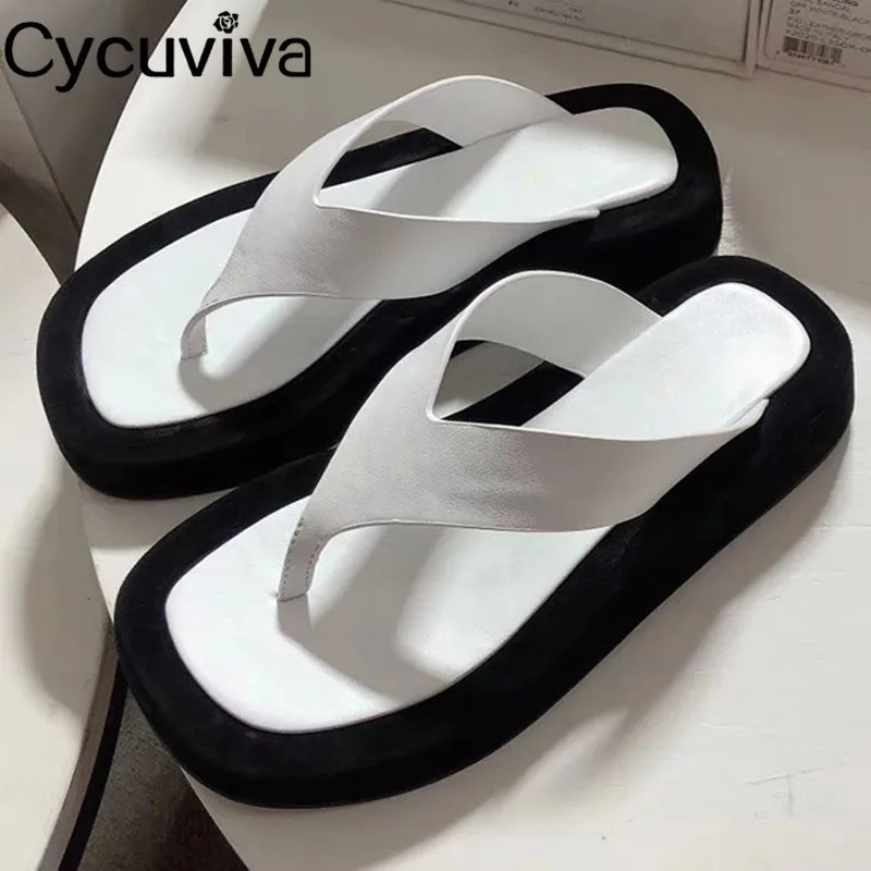 

Thick Sole Flip Flops Leather Mules Slippers Women Summer Casual Shoes White Black Outdoor Ladies Beach Shoes Summer Sandals