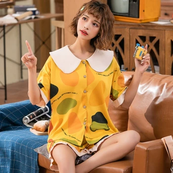 

Women Clothes for Summer Pajamas Sets Shirts Sleepwear Lovely Pijamas Mujer Short Sleeve Cotton Sexy Pyjamas Female