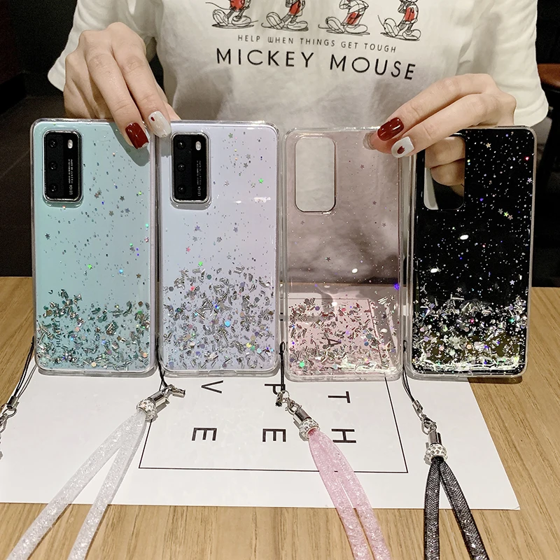 Роскошный прозрачный чехол с блестками для телефона Huawei P20 P30 P40 Lite Mate 30 20 Pro Nova 7 6 5
