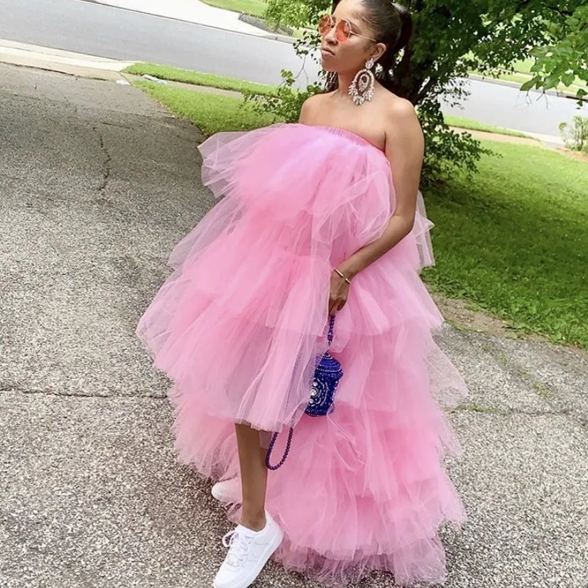 

Trendy 2019 Very Lush Baby Pink High Low Tulle Skirts Elastic Waist Ruffle Tiered Women Tutu Skirt To Party Maxi Tulle Skirt