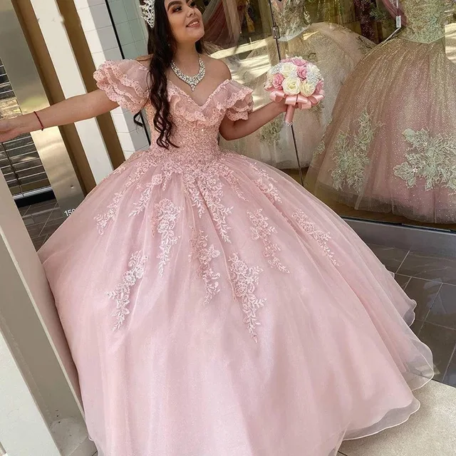 Light Pink Quinceanera Dresses 2021 Princess Ball Gown Off Shoulder Lace  Appliques Ruffles Sweet 15 Dress Pageant Party - Quinceanera Dresses -  AliExpress