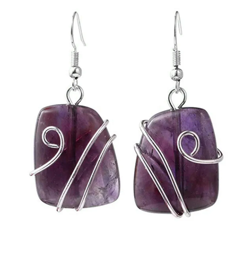 

FYJS Unique Silver Plated Wire Wrap Irregular Shape Trapezoid Natural Purple Amethysts Earrings Stone Jewelry