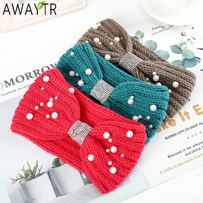 

Women Warmer Ear Knitted Crystal Hair Bands Bow Wide Headbands Stretch Hairbands Turban Headwraps Lady Fashin Hair Accessories