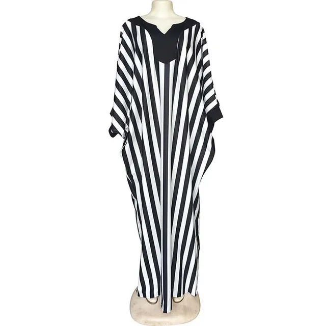 Houseofsd fashion printed black and white stripes bat sleeve african long dresses for women casual streetwear