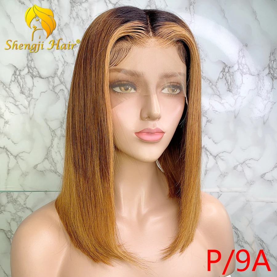Shengji 13x6 Синтетические волосы на кружеве парики из натуральных волос прямые волосы 3T блондинка с эффектом деграде(переход от темного к Синтетические волосы на кружеве парик Pro. Коэффициент Реми волос короткий боб парик