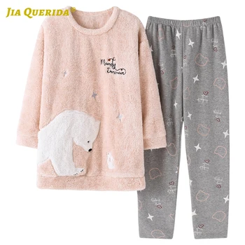 

Cartoon Printing Crew Neck Fashion Casual Style Ladies Homesuit Homeclothes Sleepwear Flannel Sleepwear Pajamas Set Pj Set