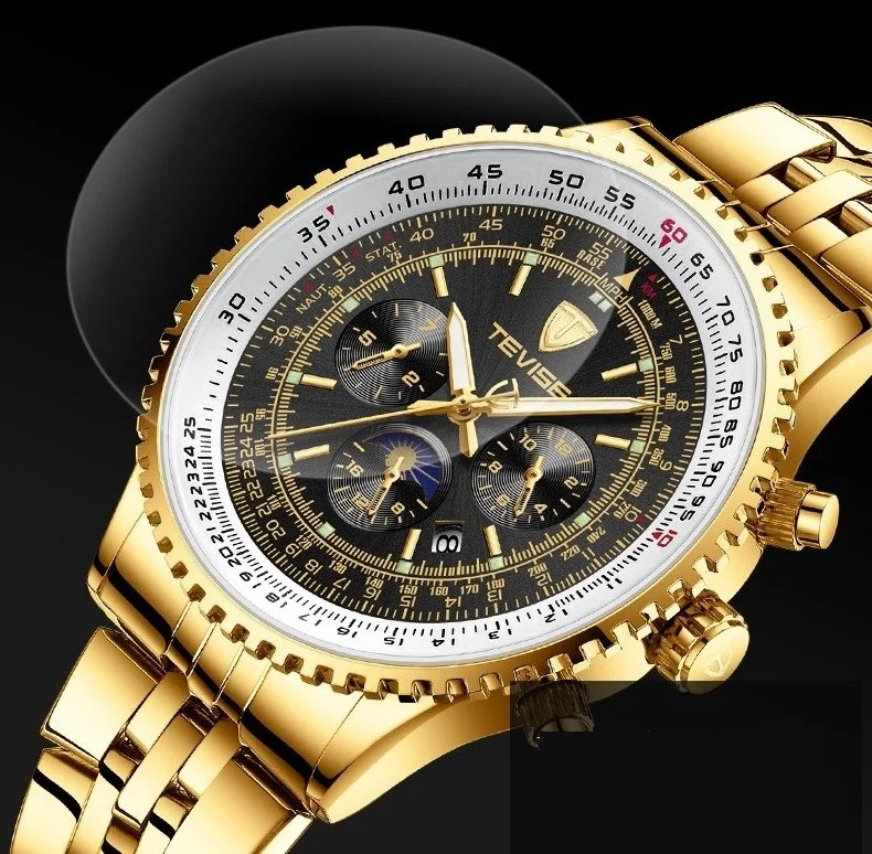 

Tevise Brand Mens Mechanical Watch Fashion Luxury Stainless Steel Gold Watch Automatic Clock Watch for Men Relogio Masculino