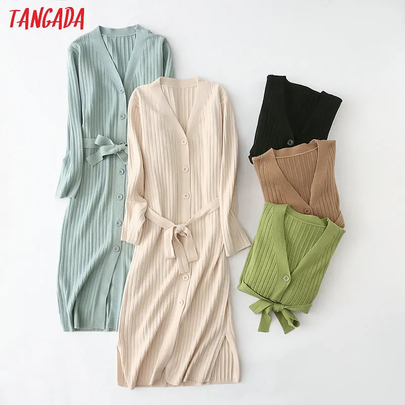 

Tangada women elegant midi sweater dress autumn winter v neck buttons sashes elastic ladies long sleeve vintage soft dress YU16