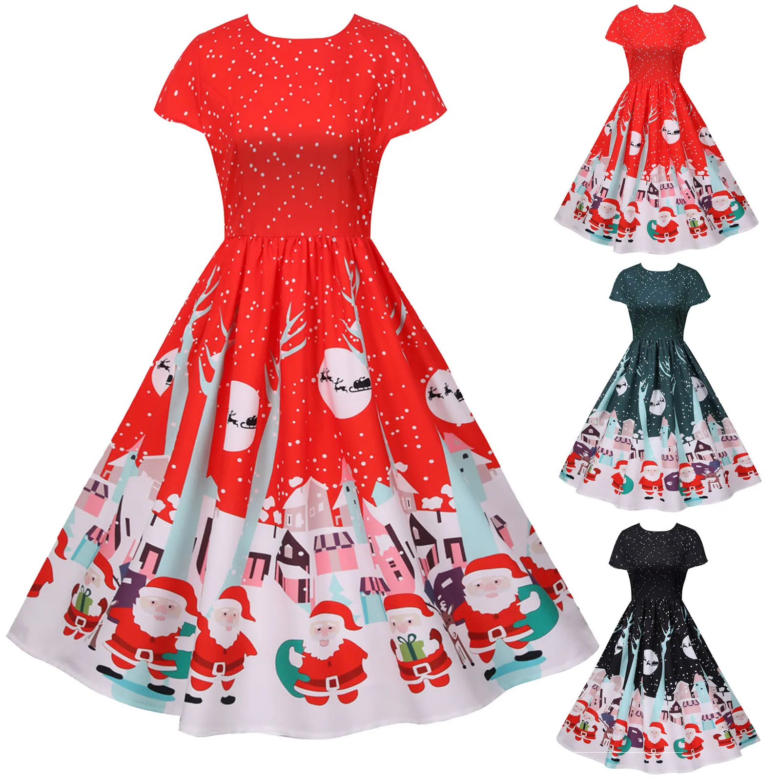 

2020 Women Vintage Short Sleeve Christmas Evening Party Prom Dress noel 2020 Christmas print High waist tutu skirt Long skirt F4