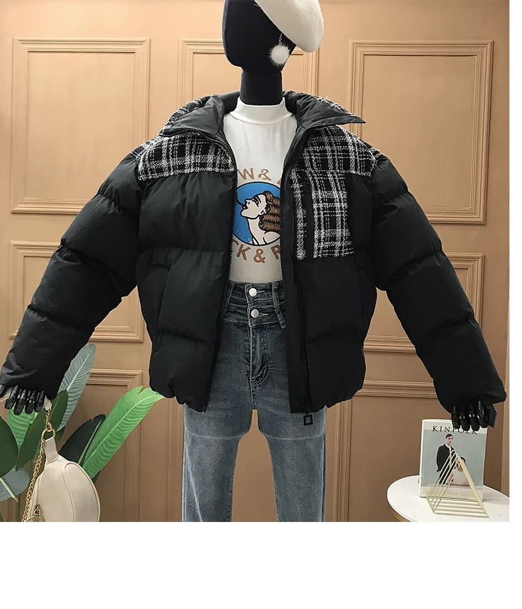 Цветные твидовые Лоскутные женские пальто с хлопковой подкладкой, Свободное пальто с воротником-стойкой, осенне-зимние стеганые куртки для студентов