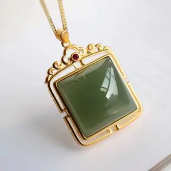 

New silver inlaid natural Jasper Square Pendant Necklace Chinese style retro minority design light luxury charm women's jewelry