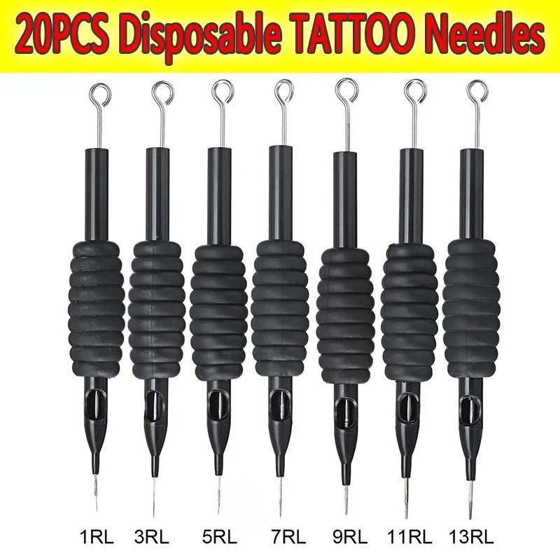

20PCS Sterile Disposable Tattoo Needle With Tube 3/4" Grip Tips Silicone Flat Tip 1RL/3RL/5RL/7RL/9RL/11RL/13RL
