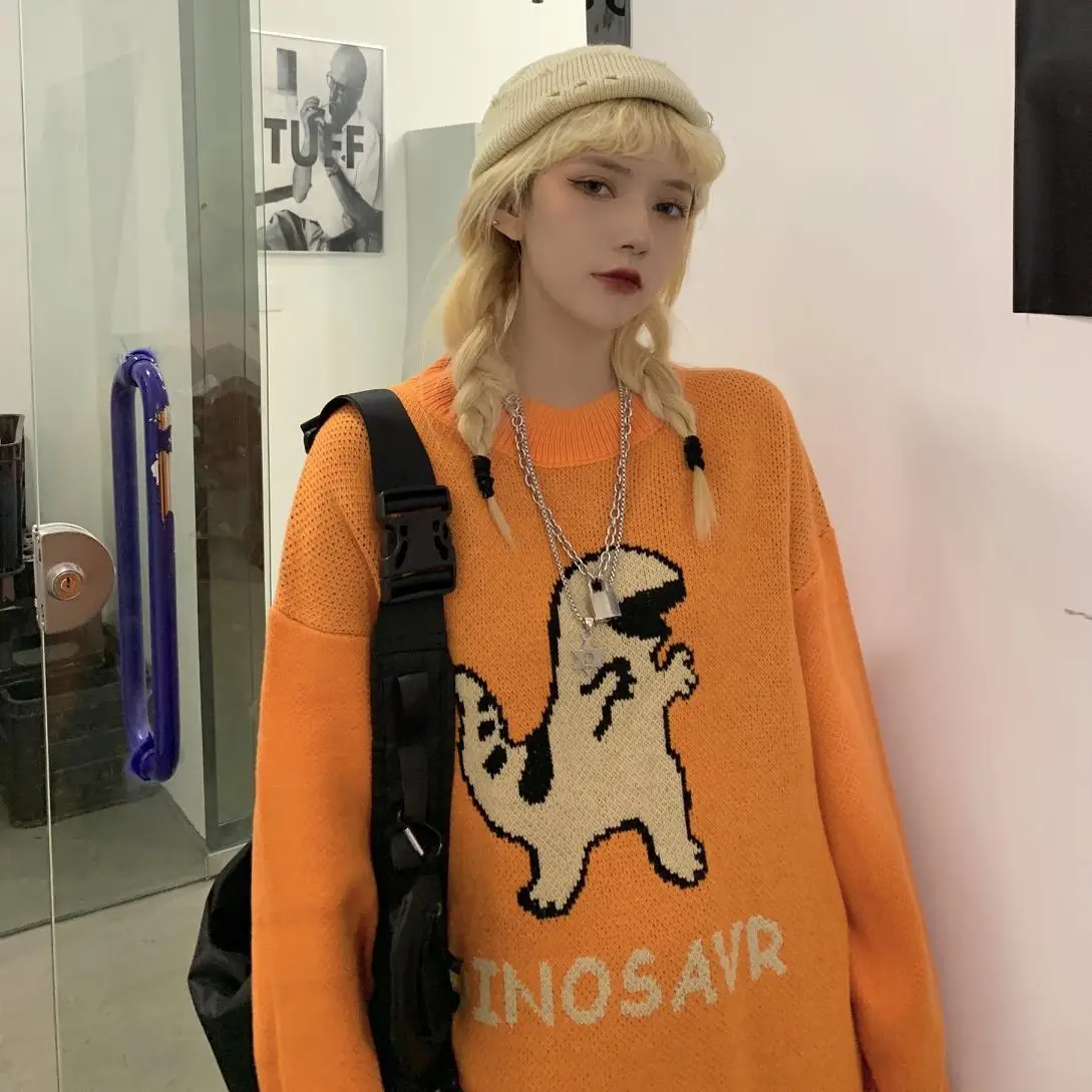 

New Winter Sweater Women College Style Sweater Vintage Man Sweater Thick Loose Round Neck Knit Sweater Cute Dinosaur Sweater