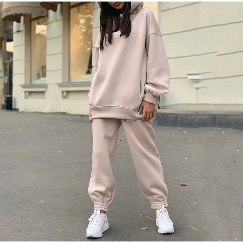 Two Piece Set Casual Fleece Tracksuit Women Winter 2021 Women's Sets Oversized Hooded Long Sleeve Hoodie Sport Pants Lady Suit