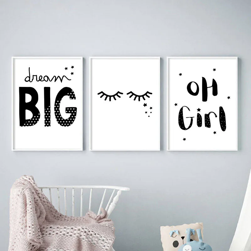 Для маленьких девочек Детская Wall Art Холст плакат черный белый цвет