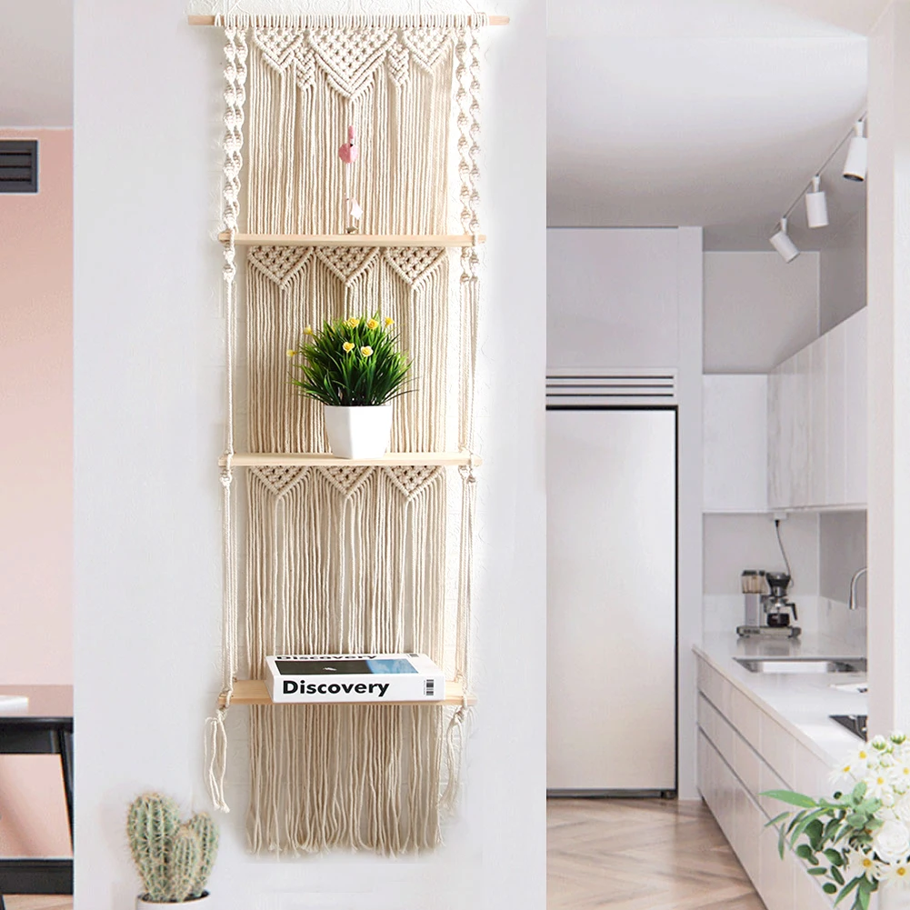 Macrame Wrapped Mirror Vanity with 3-tier wood shelves, my original design  : r/somethingimade