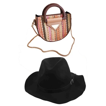 

2 Pcs Accessories: 1 Pcs Vintage Hairy Felt Fedora Cap Women Ladies Wide Brim Floppy Hat Black & 1 Pcs Small Bag, Female Straw W
